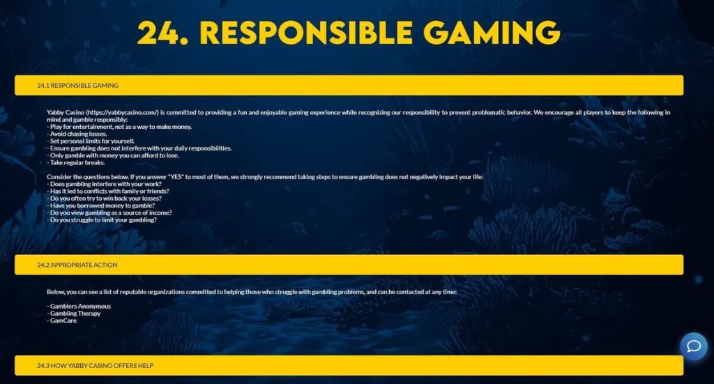 Yabby Casino jeu responsable
